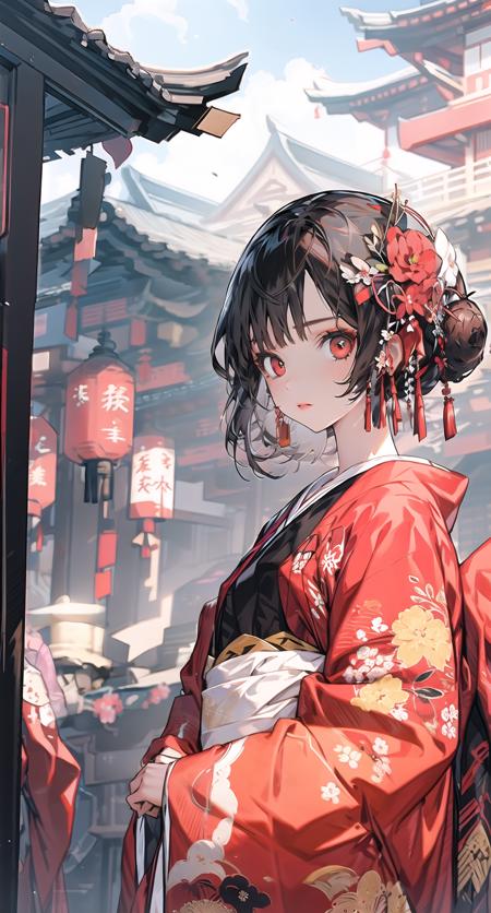 sinsya, japanese clothes, hair ornament, kimono, red eyes, hair flower, lantern, black hair, paper lantern, looking at viewer, bangs, floral print, red flower, red kimono, 1girl, wide sleeves, architecture, east asian architecture, long sleeves, upper body, outdoors, tassel <lora:sinsya-pynoiseloha:1>