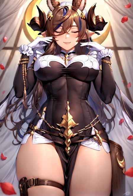 galleondef, horns, closed eyes, dress, white gloves, frills, detached sleeves, frilled sleeves, thighhighs, thigh strap, pelvic curtain galleonlco, horns, blindfold, black dress, cleavage, cleavage cutout, thigh strap
