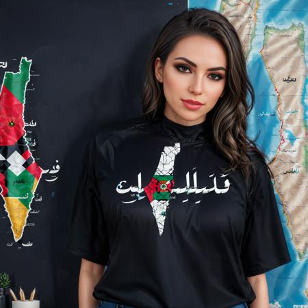 realistic,highres,reality,creative,huge filesize, <lora:PalestineFlagSdxl:1>, woman wearing a black shirt with a map of the country of palestine 4k, octane render, trending on artstation, artgerm, faces by Otto Schmidt