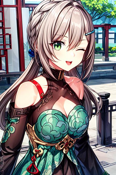 masterpiece,best quality,1girl,qingque,baldric,happy,(one eyes closed),green eyes,hair ornament,long hair,bangs,red shoulder strap,off shoulder,hair between eyes, hairclip,grey hair, long sleeves,Chinese knot on the blet,<lora:青雀v3:0.65:MIDD>, <lora:add_detail:1>,