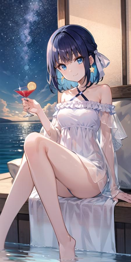 1girl, blue eyes, blue hair, closed mouth, cloud, cocktail, cocktail glass, cup, dress, drinking glass, frilled dress, frills, holding, leaf, looking at viewer, night, night sky, ocean, outdoors, plant, short hair, sitting, sky, smile, solo, star (sky), starry sky, strapless, strapless dress, white dress, breasts, bare shoulders, bangs, holding cup, see-through, earrings, jewelry, moon, medium breasts, water, medium hair, off-shoulder dress, off shoulder, hair ribbon, ribbon, <lora:fuzi_loha_v1j:0.7>