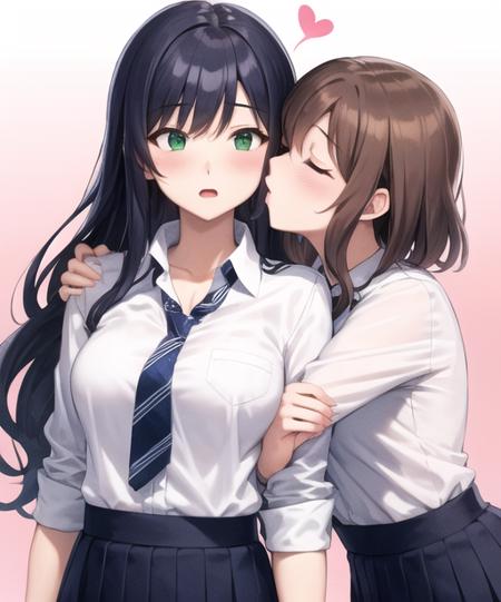 <lora:kissingcheek:0.7> kissingcheek, long hair, blush, short hair, open mouth, bangs, multiple girls, skirt, simple background, brown hair, shirt, long sleeves, 2girls, school uniform, green eyes, blue hair, closed eyes, white shirt, heart, pleated skirt, necktie, striped, collared shirt, yuri, blue skirt, gradient, gradient background, wavy hair, pink background, striped necktie, diagonal-striped necktie