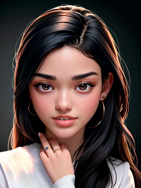 Realistic photo of a beautiful r4ch3lz woman, 1girl,solo,long hair,looking at viewer,black hair,brown eyes,jewelry,earrings,parted lips,teeth,mole,lips,ring,mole under mouth,realistic,nose,mole on cheek, soft lighting, professional Photography, Photorealistic, detailed, RAW, analog, sharp focus, 8k, HD, high quality, masterpiece<lora:r4ch3lz:1.0>