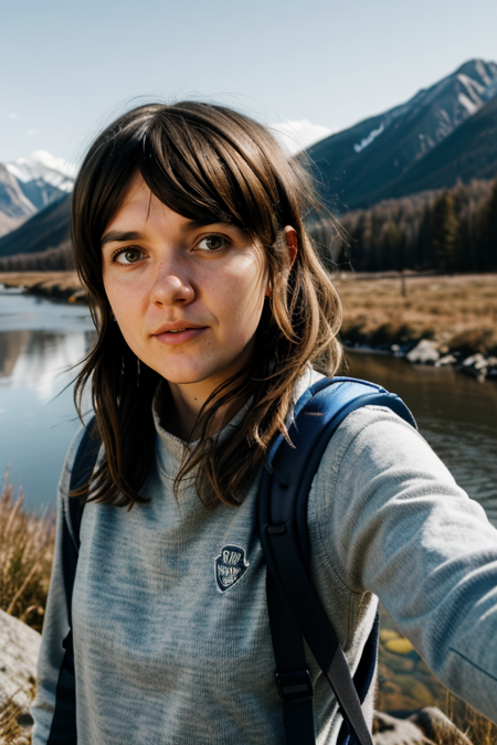 CourtneyBarnett, ((selfie)) photo, serious look, outdoors, mountains, wearing a backpack, sweater, hiking jacket, rocks, river, wood, analog style, (look at viewer:1.2), (skin texture), close up, cinematic light, sidelighting, Fujiflim XT3, DSLR, 50mm