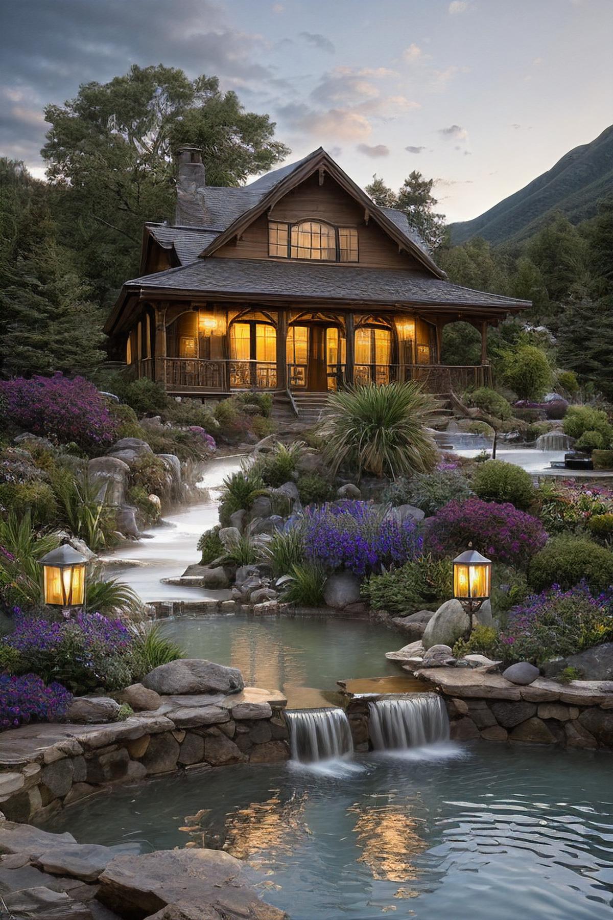 A large house with a beautiful garden and waterfall.