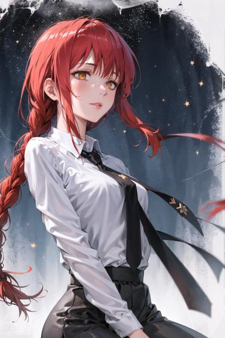 1girl, aurora, bangs, black necktie, braid, braided ponytail, breasts, city lights, constellation, earth \(planet\), formal, galaxy, light particles, long hair, long sleeves, makima \(chainsaw man\), medium breasts, milky way, moonlight, necktie, night, night sky, red hair, shirt, shooting star, single braid, sky, solo, space, star \(sky\), star \(symbol\), starry background, starry sky, starry sky print, suit, white shirt <lora:makimav1:0.6>