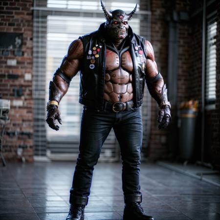 Two_Horns,cyborg,red eyes, mechanical arms, cyberpunk, badge,leather jacket,sleeveless,open jacket,