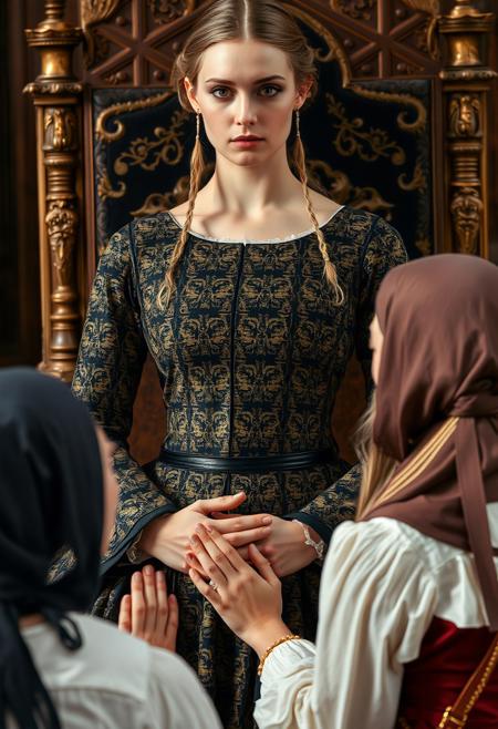 a close up photograph of a woman wearing a black and gold patterned medieval dress that covers her entire body but hugs her form suggestively.  The time period is medieval and the setting is the Danish royal palace, the focus is on her face, she has eyeliner and full lips. She is standing next to her throne, with a  18yo Blonde serving woman  kneeling in front of her.  the servant's hands are clasped in front of her in prayerful appeal