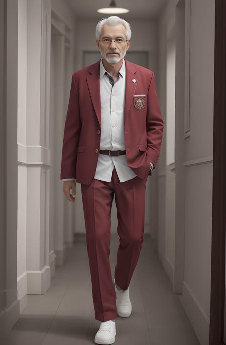 {high quality}, octane render, Ultra HD, cinematic ray, depth of field, 
a 60year old man,  (red:1.2) school uniform, pants, shoes, <lora:PAseer的校服:0.7>