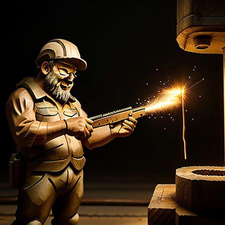 Wooden worker shooting lightning from his hands, 8k extreme detail, Outside, standing next to a metal machine, realistic, perfect, no mistakes,