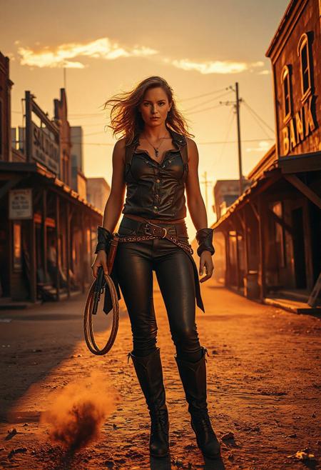 A fearless cowgirl standing alone on a dusty main street of an old western village, during golden sunset, holding a rope and a revolver, wind blowing dust and trash around, saloon on the left, old bank on the right, cinematic lighting, dramatic shadows, ultra-realistic style, 35mm film photography, low angle shot, golden hour glow, confident expression, leather outfit, wind-blown hair