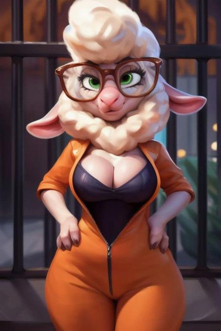 solo,
detailed face,
big tits,
cleavage,
sheep,
female, 
glasses,
black rimmed glasses,
jumpsuit,
orange jumpsuit,
prison suit,
orange prison suit,
green eyes,
prison,
Dawn_Bellwheter_ZT,
8k,
4k,
uploaded on e621, 
(detailed background, depth of field), 
(intricate: 1.2), 
(high detail: 1.2), 
(soft focus), 
(masterpiece, best quality, 4k, 2k, shaded, absurd res), 
hyper realism, 
by Chunie, 
by CyanCapsule, 
by Hallogreen