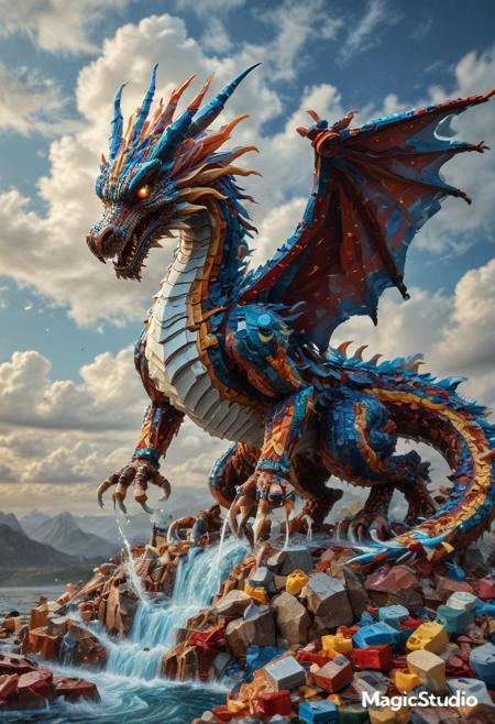 LEGO,  celestial marble dragon made of LEGO, flying through liquid sky, clouds melting into ribbons of color, fluid scales shimmering with white and red hues, glowing eyes, dynamic wings of flowing liquid, painterly lighting, vast fantasy environment, surreal atmosphere, highly detailed, magical realism, LEGO, made out of LEGO