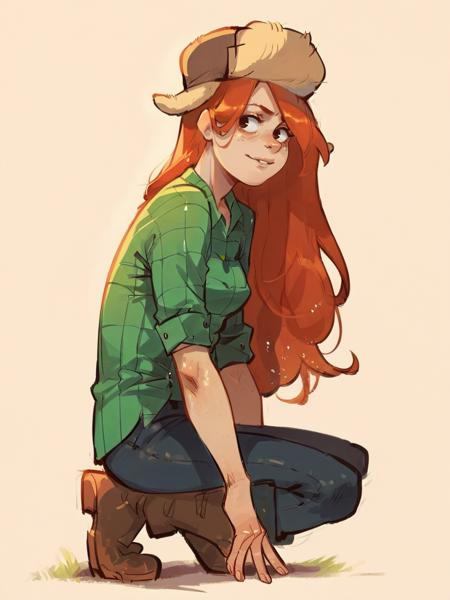 wendyc, 1girl, solo, long hair, orange hair, hat, shirt, pants, freckles, boots