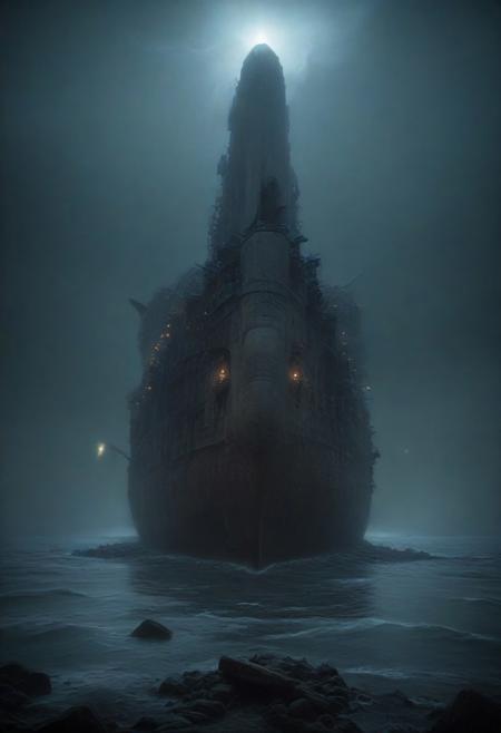Looking up, dynamic angle, low angle, Wistful, Best quality, masterpiece, Stylish composition, gloomy lighting, moonlit night, surreal, Atmospheric perspective, An imposing (((Warship))) looms over the shot, colossal, immense, gigantic, monumental, formidable, massive, titanic scale, mechanophobia, megalophobia, derelict, calm sea glassy reflective, desolation