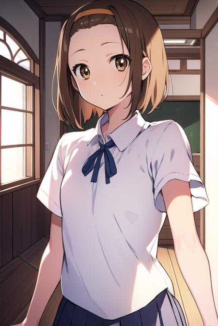 ritsutainaka, <lyco:ritsutainaka-LYCORIStest:1>,
ritsu tainaka, (brown eyes:1.7), light brown hair, (forehead:1.5), hairband, short hair, (flat chest:1.2),
BREAK sakuragaoka high school uniform, school uniform,
BREAK looking at viewer,
BREAK indoors, classroom,
BREAK <lora:GoodHands-vanilla:1>, (masterpiece:1.2), best quality, high resolution, unity 8k wallpaper, (illustration:0.8), (beautiful detailed eyes:1.6), extremely detailed face, perfect lighting, extremely detailed CG, (perfect hands, perfect anatomy),