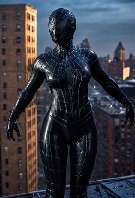 score_9, score_8_up, score_7_up, best quality, realistic, masterpiece, beautiful detail, hyperrealistic, night sky, ((1girl, woman body, big breasts)), amazing detailed full body portrait of a beautiful japanese girl, wearing a realistic and highly detailed black raimi spider-man suit, ((huge muscular girl)), professional model wears ultra - detailed black raimi spider - man suit, ultra - detailed and grained black raimi spiderman suit, suit covered entire body and hand, black spiderman gloves, wet, (dancing on top of building), (full body), (dirty skin), close up, octane render, highly detailed, volumetric, dramatic lighting, (highest quality:1.1), (HDR:1.3), (top quality, best quality), realistic, high definition,