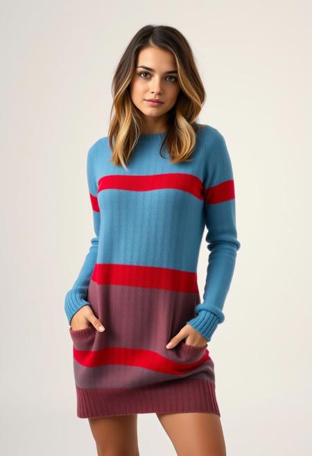 A young woman with medium boobs, perfect eyes, light makeup, posing in a studio. She is wearing a long sky blue merino wool jumper with red horizontal stripes, bare legs. The sweater is made of a soft, fuzzy material. She has mid length brunette hair with blonde streaks. The woman is standing with her hands in her pockets and is looking directly at the camera with a seductive expression. rembrandt lighting, plain background, kodak portra colors, professional color grading , high budget production