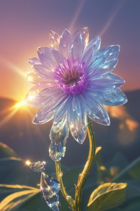 beautiful crystal flower, iridescent morning dew, sunrise light rays