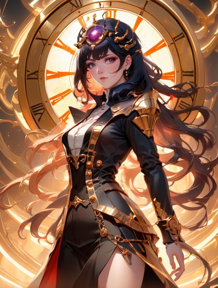 (masterpiece, best quality), anime, anime style, illustration,  , of a female, dressed as a Time Manipulator, with black hair, with a female , wearing a horns, portrait, stood, concept art, cinematic, volumetric lighting, highly detailed, 8k