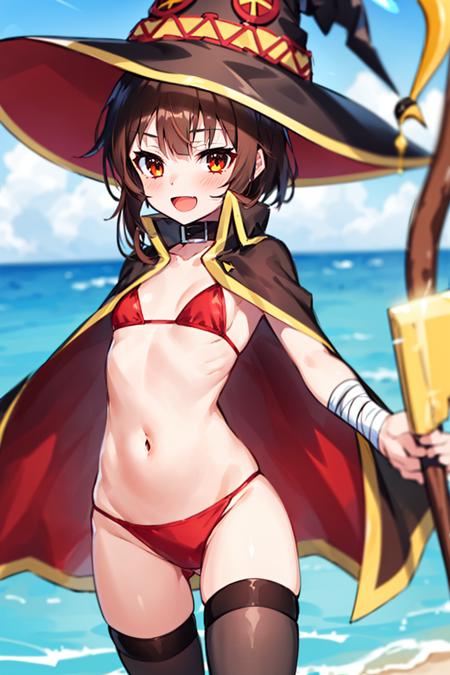 1girl, witch_hat, megumin, hat, staff, bandages, breasts, red_bikini, open_mouth, bandaged_leg, swimsuit, solo, small_breasts, bikini, looking_at_viewer, navel, cape, smile, holding_staff, holding, red_eyes, black_hair, short_hair, short_hair_with_long_locks, blush, orb, brown_hair, day, cowboy_shot, thighhighs, collar, black_cape, :d, sidelocks, long_hair, blurry, ass_visible_through_thighs, beach <lora:style_MikaPikazo:1>