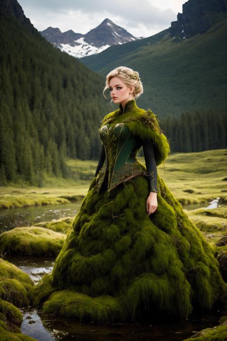m0ss_dr3ss ,elaborate long dress made of moss, twigs