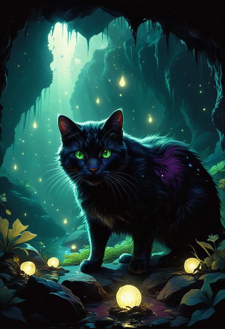 A dark cave, dimly lit by scant bioluminescent vegetation with deep purple hues, serves as the ominous backdrop for a heart-pumping encounter. In the foreground, a massive spotted feline, its fur mottled with dark grey and golden undertones, crouches low to the ground, ready to pounce. Its eyes, two piercing orbs of luminescent green, glow like lanterns in the darkness, radiating an unnerving intensity. The feline's tense muscles ripple beneath its sleek coat as it prepares to strike, its tail twitching ominously. The camera, positioned in a low-angle close-up, captures the feline's fierce expression, its whiskers twitching with each ragged breath. Inspired by the visual style of Guillermo del Toro, the scene is bathed in a muted, eerie glow, with soft, diffused light emanating from the bioluminescent flora. A faint, warm glow seeps into the frame from the left, casting long shadows across the cave floor, while a cooler, blue-toned fill light illuminates the feline's face from the right, accentuating its razor-sharp features. The image is shot on 35mm film, with a fine, silver grain texture and a subtle, cinematic color grading that enhances the dark, foreboding atmosphere.