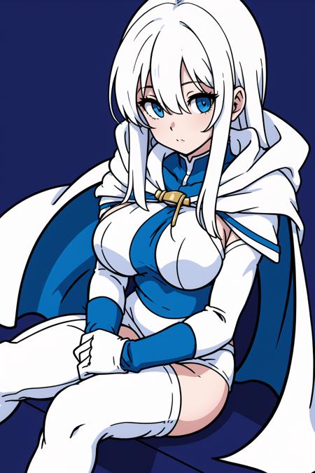 simple background, 
1boy, solo, white hair, blue eyes, large breasts, bodystocking, white cape, sitting, long hair, gloves, 