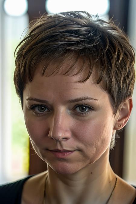 garinagrankova, older woman, ultra-realistic, highly-detailed, brown hair, short hair, plain background, face, close-up,
 <lora:MarinaGrankovaSD:1>