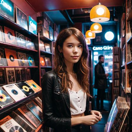 reportage photo of lofi girl in a soho record store, neon lights, masterpiece, canon 5d 85mm f2.8