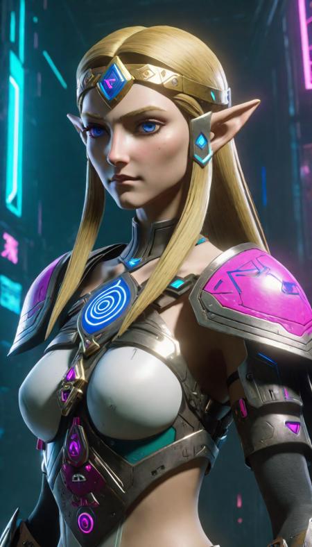 Princess Zelda, reimagined in a cyberpunk universe, cyberpunk style, augmentation, cybernetics, cinematic scene, hero view, action pose, beautiful 8k, masterpiece, best quality, high quality, absurdres