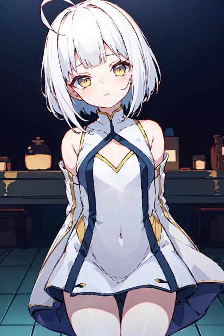 <lora:dropkun:0.8>anime screencap,solo,ahoge,blunt_bangs,bob cut,white_hair/white_eyes,staring,thigh gap,eyes visible through hair,half-closed eyes,tiny_chest,