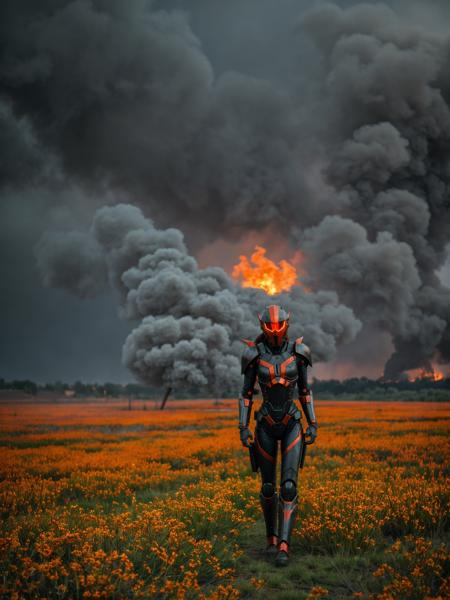 (shy dynamic pose, cute woman with perfect face:1.25), action, red armor plate, cinematic photo biomechanical style, blend of organic and mechanical elements, futuristic, cybernetic, slender BREAK land art style,(A landscape with a orange atmosphere that scatters the light in different hues, flora is fantastical and whimsical, such as cotton candy clouds, rainbow flowers, and candy cane trees), lifelike precise,  torrents of burning radiation, crust vent noxious yellow-green toxic vapors, looming shadow blots out the smoldering remains of the sun BREAK epiCPhoto, cinematic still, <lora:Yebenya_SD1.5:0.125> <lora:Macro_Trash_SD15-000031:0.125> <lora:Doomers_Joy_triggers-000040:0.125> doomersjoy, doomers_sky, doomers_pipes, doomers_smoke, (strong gloom:1.225), f2.8, (natural morning light:1.1) (shallow depth of field swirly bokeh:0.9)