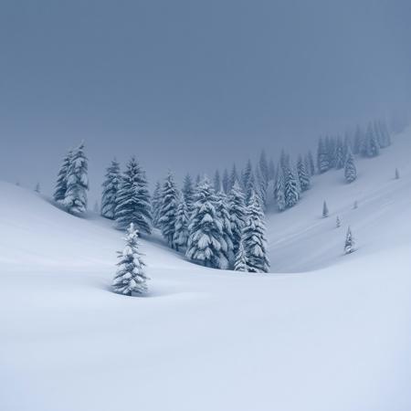 Snowy Hills, Pines Trees, Heavy Snowfall, Nighttime