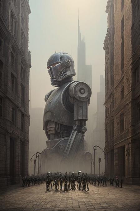 front side view, close-up, fantasy art, surrealism, grim, photorealism, hyger, a row of giant droids standing on a city wall, smog, epic, monumental, cinematic, mesmerizing, fine detail, close-up, dynamic, high detail, HDR, ultraHD, photorealistic