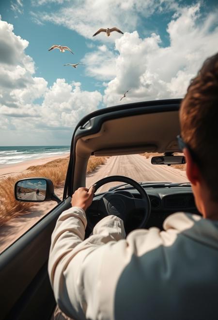 Car driver's gaze, Car running on sandy beach, You can see the ocean, emphasizing the perspective, expanding the area near the distant area, waves, swaying grass and flying birds, shadows on the clouds, the car is positioned based on the golden ratio, movement, savannah wilds, arid prairie, detailed scenery, clouds, 
best quality, sharp focus, high contrast, colorful, ultra quality, 8k, best quality,