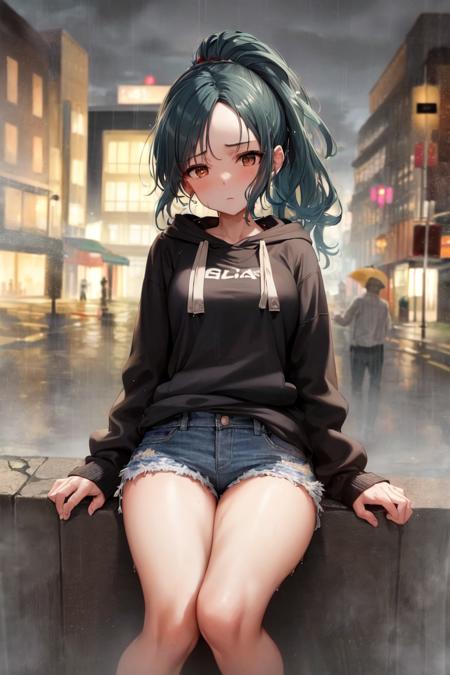 masterpiece, best quality, absurdres, perfect antomy, Herja, ponytail, cinematic lighting, night, dark, clouds, heavy rain, rain, raining, wet, city, city lights, street, on street, (hoodie, denim shorts:1.2), expressionless