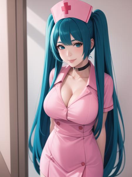 1girl, drawing, aqua_hair, aqua_eyes, dress, frills, hat, hatsune_miku, pink_lips, long_hair, large_breasts, cleavage, choker, looking_at_viewer, , nurse, nurse_cap, pink_dress, realistic, skirt, smile, solo, traditional_media, twintails, very_long_hair   <lora:nurse-miku-20:0.2>