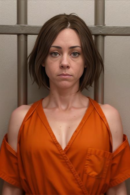 realistic Men's Journal photo of (c453y4nth0ny-neutral3:1.0) with a concerned look on her face and a french Bob hair posing as a glamour model in orange jumpsuit inside a jail cell, sharp focus, skin texture, light bokeh