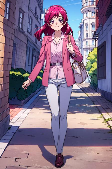 nozomi_otona pink jacket, pink collared shirt, belt, white pants, shoes, half updo pink casual shirt, red skirt, sneakers, half updo hooded pajamas, slippers, two side up handbag