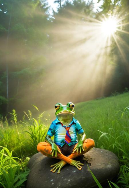 Hippy frog with a tie-die shirt and weed shorts, sitting on a rock yoga pose , peace sign, in a lush green field. Its eyes are large and round, foggy forest scene, with trees casting shadows across the ground. The sun, positioned in the upper right corner of the frame, casts a warm glow over the scene. zavy-cnmtc chiaroscuro