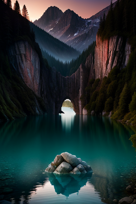 made of ral-argl, landscape of a Charismatic Thermokarst Lake and Quarry, warm background, at Twilight, surrealism art, (designed by Dora Carrington:1.0) , Nick Veasey, highly detailed, asymmetrical, RAW photo, <lora:ral-argl:0.85>, ambient illumination, magical composition, vibrant, imposing, highly enhanced, polished, epic composition