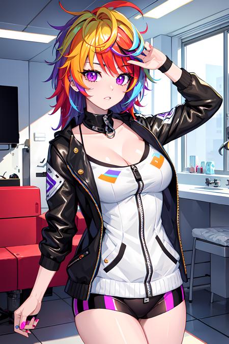 iro, 1girl, solo, multicolored hair, rainbow hair, purple eyes