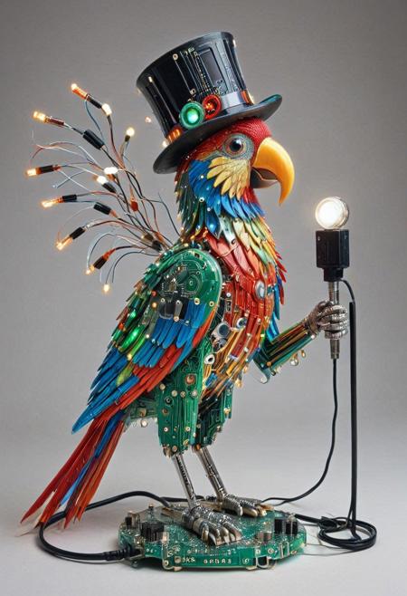 embedding:lazmpos, Transistors, pcb_style, LED, colorful LED lights, RGB lights, red green and blue parrot, art deco, top hat, cane, monocle,RetroBG