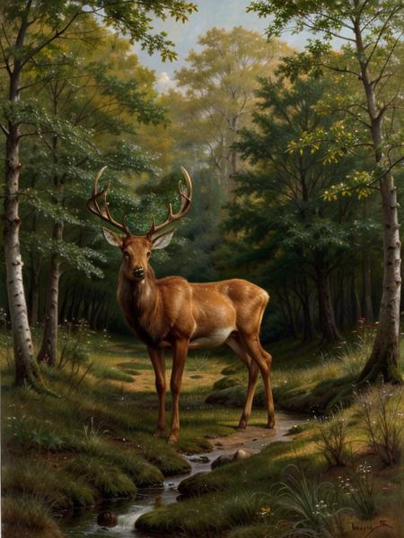 a painting of a stag by Bnhr, no humans, deer, nature, grass, tree, outdoors, forest, animal focus, antlers, <lora:bonheur_resize:0.8>