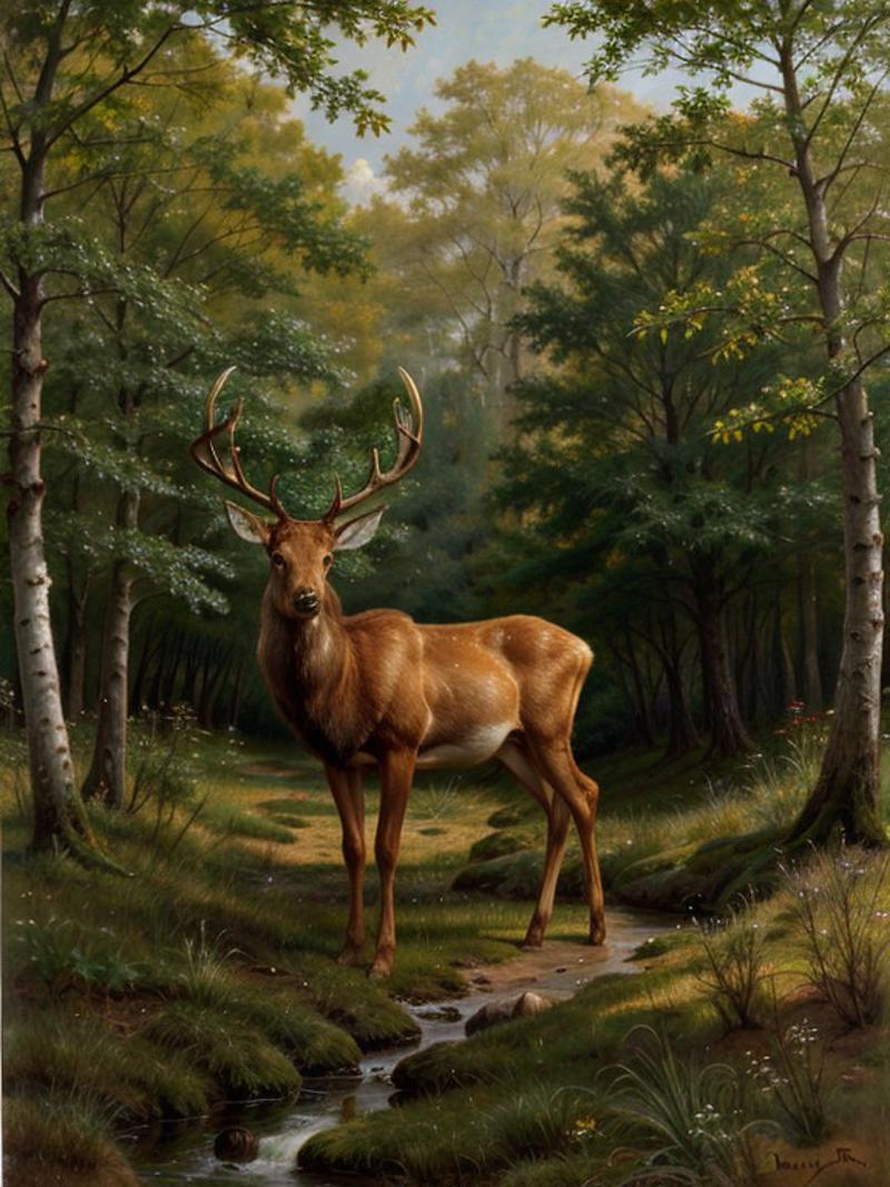 Brown Deer in a Forest Painting