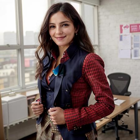 <lora:Monica1873Bar:0.9> a woman, m1873b, solo, wearing blouse, waistcoat,. jacket, trousers, in an office, wavy hair, smile