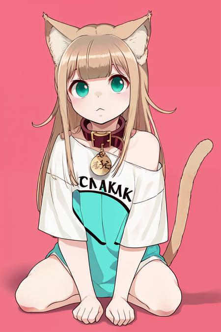 kinako,  1girl, animal_collar, animal_ear_fluff, animal_ears, aqua_eyes, bangs, barefoot, bell, blonde_hair, blunt_bangs, cat_ears, cat_girl, cat_tail, collar, full_body, long_hair, off_shoulder,  red_collar, shirt, simple_background, solo, t-shirt, tail, white_background, white_shirt <lora:kinako_v1:1>