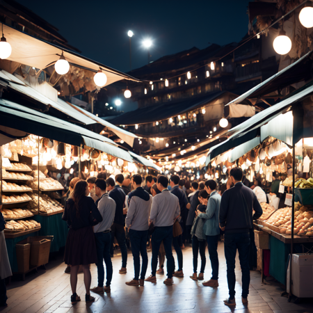 photo, a group of people standing around a market at night  (Marketplace style:1) <lora:djzMarketplaceV21:1>