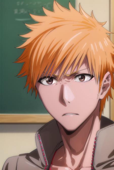 ichigokurosaki, <lyco:ichigokurosaki-lyco-nochekaiser:1>,
ichigo kurosaki, short hair, orange hair, spiked hair, (brown eyes:1.5),
BREAK shirt, long sleeves, school uniform, jacket, white shirt, open clothes, open jacket, grey jacket,
BREAK looking at viewer, upper body,
BREAK indoors, classroom,
BREAK <lyco:GoodHands-beta2:1>, (masterpiece:1.2), best quality, high resolution, unity 8k wallpaper, (illustration:0.8), (beautiful detailed eyes:1.6), extremely detailed face, perfect lighting, extremely detailed CG, (perfect hands, perfect anatomy),